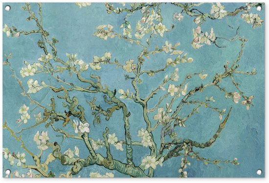 Tuinposter 90x60 cm - Tuindecoratie Van Gogh - Amandelbloesem - Oude meesters - Kunst - Vintage - Poster voor in de tuin - Buiten decoratie - Schutting tuinschilderij - Tuindoek muurdecoratie - Wanddecoratie balkondoek
