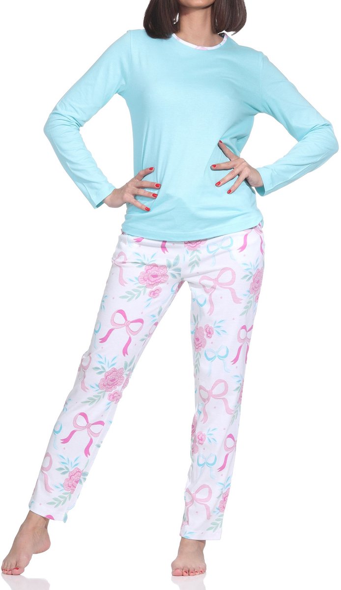 Normann dames lange pyjama in een stijlvolle look met strikken als motief türkis