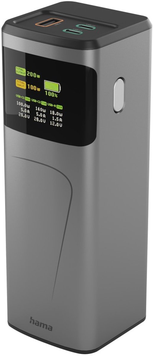 Hama Powerbank - High power - 24000mAh - 200W - 2x USB-C, 1x USB-A - 200W - Antraciet