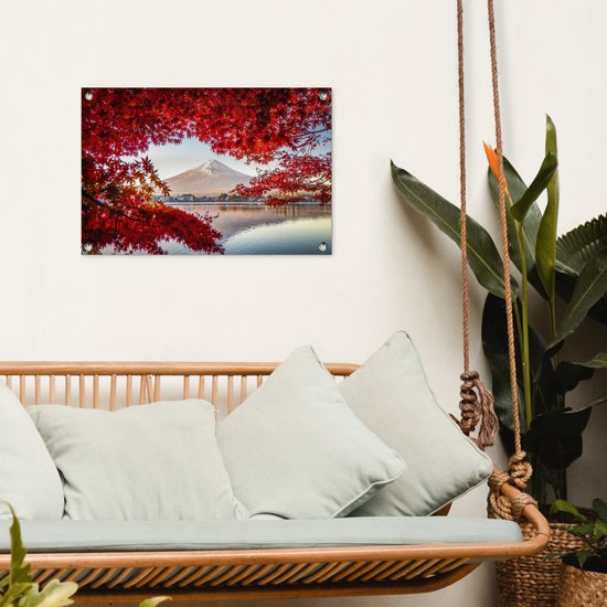 Décoration de jardin Mont Fuji vu à travers les feuilles rouges au Japon - 60x40 cm - Poster jardin - Toile jardin - Poster extérieur