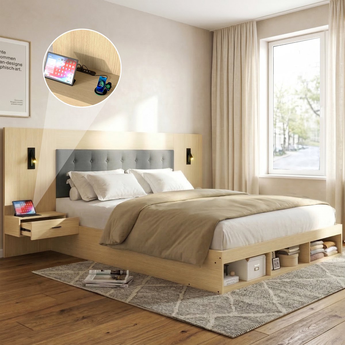 MODFU – Tweepersoonsbed – 180x200 cm – Draaibare Leeslampen – USB & USB-C – MDF – Licht Ei