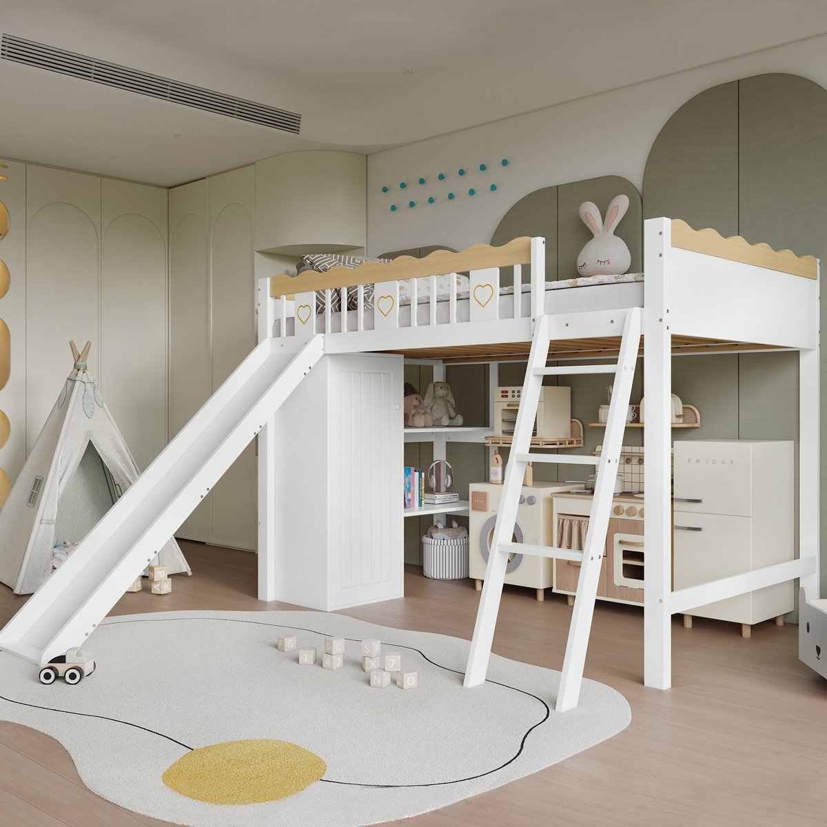 MODFU Hoogslaper met Glijbaan en Opbergruimte – 90x200 cm – Kast & Opbergkast – Links-rechts Omkeerbaar – Hout – Wit & Naturel Wit+Natuurlijk