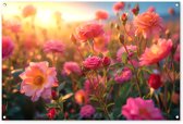 Tuinposter bloemen - Tuindecoratie roze rozen - 120x80 cm - Poster voor in de tuin - Buiten decoratie - Schutting tuinschilderij - Tuindoek muurdecoratie - Wanddecoratie balkondoek