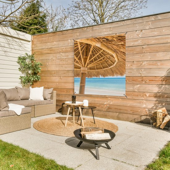 Affiche de jardin - Plage - Parasol - Roseau - Mer - Tropical - 100x100 cm - Affiche extérieure - Décoration murale Décoration de jardin Décoration murale- Toile jardin