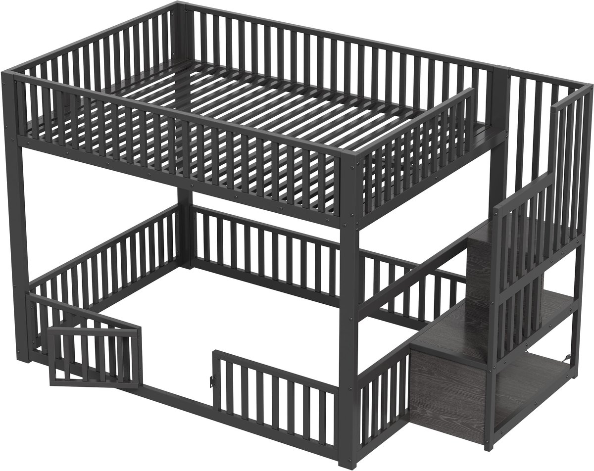 Merax Stapelbed of Hoogslaper 140x200 cm - Metalen Bed met Opbergruimte Ladder en LED Verlichting - voor Kinderen - Zwart