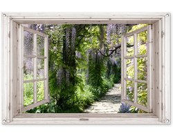 Tuinposter doorkijk - Wit raam - Tuindecoratie blauwe regen - 120x80 cm - Tuinschilderij voor buiten - Tuindoek - Wanddecoratie tuin - Schuttingdoek - Balkon decoratie groen - Muurdecoratie - Buitenschilderij