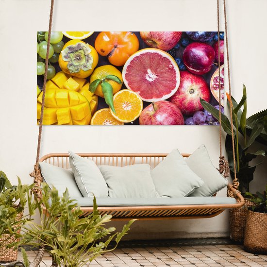 Tuinposter 160x80 cm - Tuindecoratie Fruit - Regenboog - Kleuren - Poster voor in de tuin - Buiten decoratie - Schutting tuinschilderij - Tuindoek muurdecoratie - Wanddecoratie balkondoek