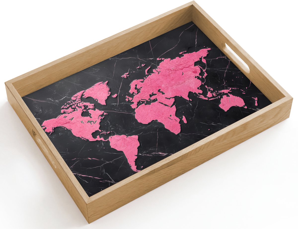 Dienblad hout 40x30 cm - Schootdienblad - Wereldkaart - Roze - Marmer - Borrelplank rechthoek - Plateau dienbladen