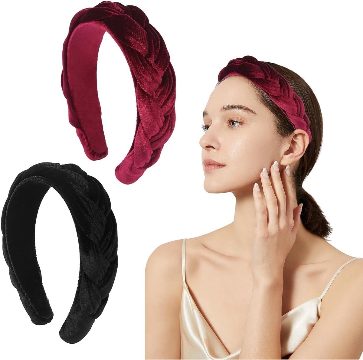 Vintage Velvet Haarbanden Set van 2 - Brede Kostuum Haaraccessoires voor Carnaval en Feestdagen (Zwart + Bordeau)
