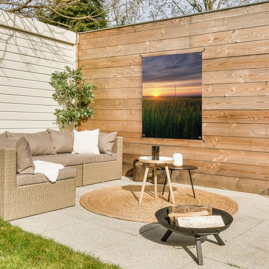 Affiche de jardin - Moulin à vent - Décoration de clôture - Herbe - Décoration de jardin - Jardin - Ciel - Coucher de soleil - Ciel - 60x80 cm - Toile de jardin - Affiche extérieure