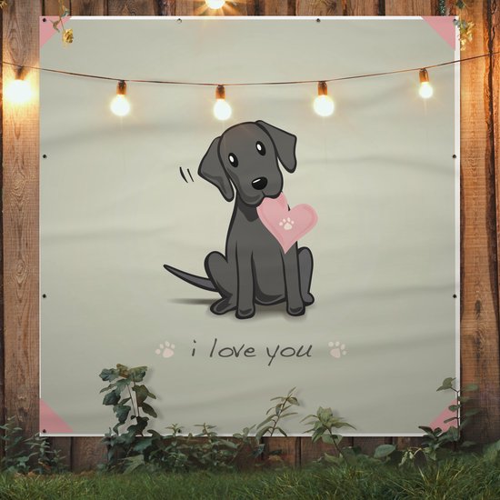 Tuinposter 200x200 cm - Tuindecoratie Een illustratie van een zwarte puppy met een hart - Poster voor in de tuin - Buiten decoratie - Schutting tuinschilderij - Tuindoek muurdecoratie - Wanddecoratie balkondoek