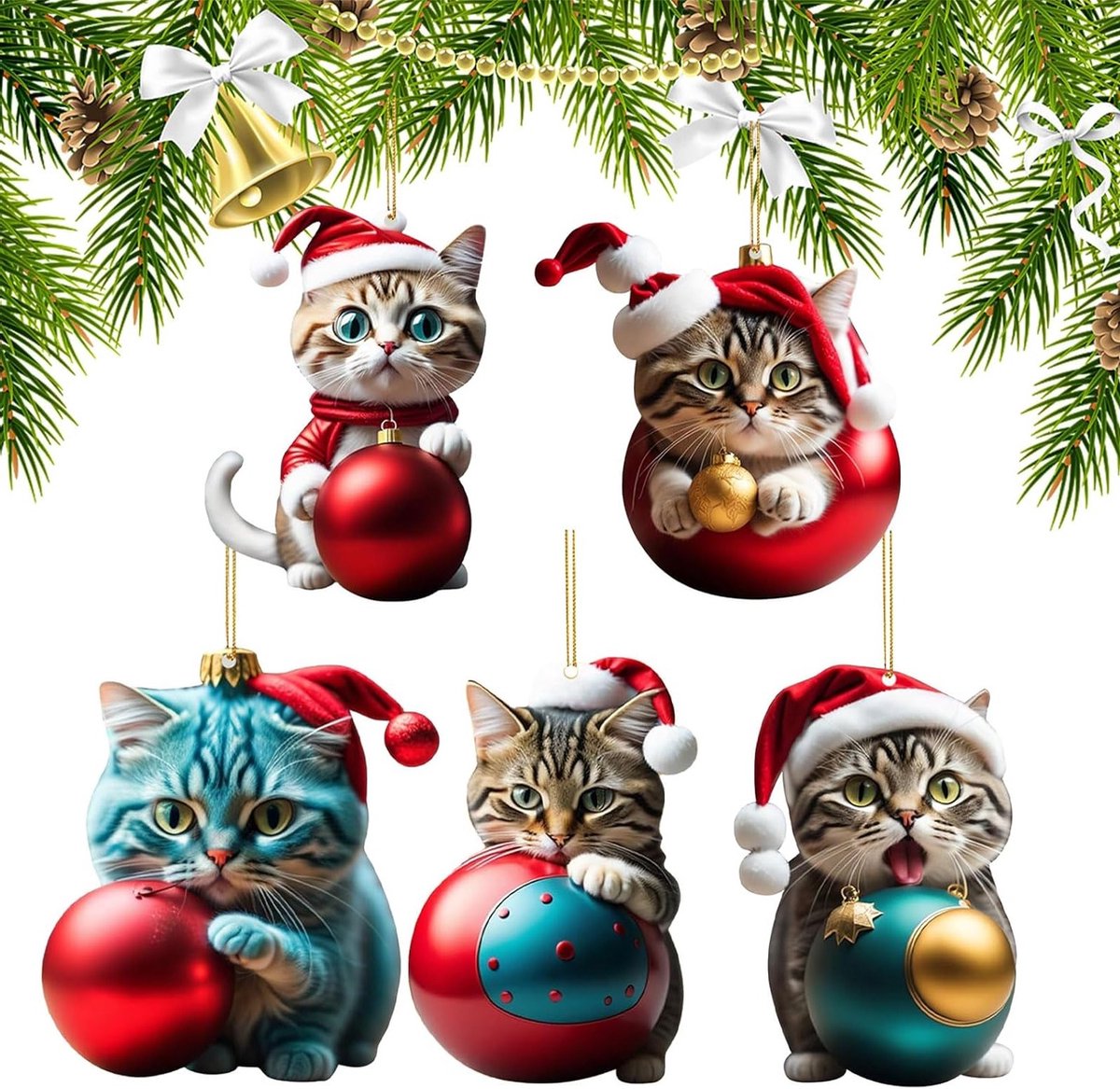 Schattige 2D Kerstboomdecoraties voor katten - 5 Stuks Acryl Hangertjes voor Feestdagen, Perfect voor Woonkamer en Kantoor