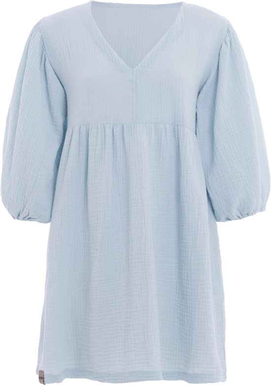 Knit Factory Drew Robe Femme - Robe d'été - Robe de plage - Manches bouffantes trois-quarts - Robe mousseline de haute qualité - 100% coton écologique - Serein Blue - 36/38