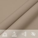 Close-up van beige schaduwdoekstof met iconen voor waterdichtheid, UV-bescherming en ademend vermogen.