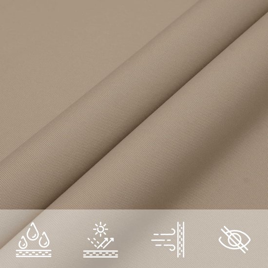 Close-up van beige schaduwdoekstof met iconen voor waterdichtheid, UV-bescherming en ademend vermogen.