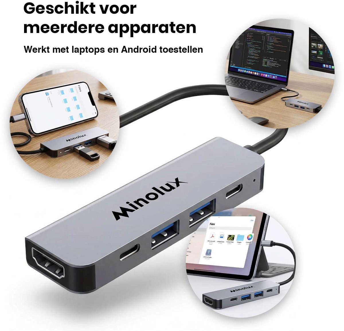 USB-C 5-in-1 Hub met 4K HDMI, 100W opladen, 2x USB 3.0 en USB-C poort – Minolux Pro Docking station - Afbeelding 2