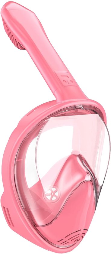 Roze Travelhawk snorkelmasker met helder vizier en blauwe accenten.