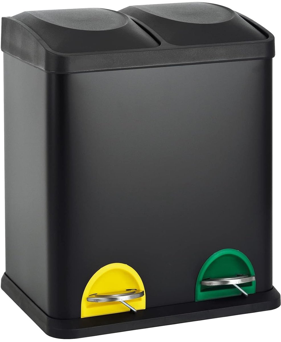 Dubbele Afvalbak – 2 Vakken (15X15 Liter) – Pedaalemmer – Uitneembare Binnenemmer – Afvalscheiding – Gepoedercoat Staal – Keuken & Badkamer – Zwart