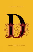 Gouden omslag met een grote, versierde 'D' in bordeauxrood en zwart. Charles Dickens, Great Expectations.