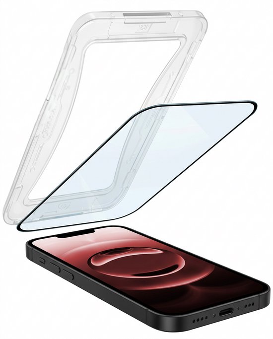 Een transparant installatieframe, een hybride screenprotector en een smartphone worden van bovenaf getoond.