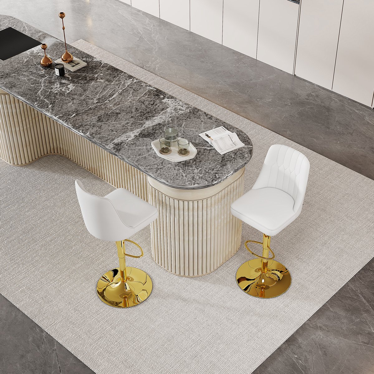 Wishdor Barkrukken Set Van 2 - In Hoogte Verstelbaar En 360 Graden Draaibaar - Modern Gewatteerd Ontwerp - Voor Keukeneiland - Metaal En Kunstleer - Wit En Goudkleurig - Zithoogte 63-85 Cm Wit + Goud