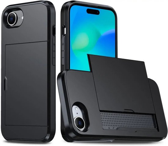 Étui avec porte-cartes coulissant adapté à Apple iPhone 16e | Couverture arrière Porte-carte Dos | Porte-cartes pour deux cartes | Noir