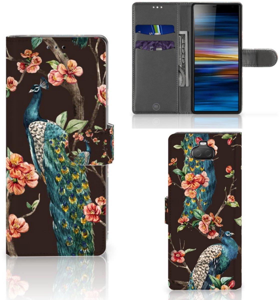 Sony Xperia 10 Telefoonhoesje met Pasjes Pauw met Bloemen