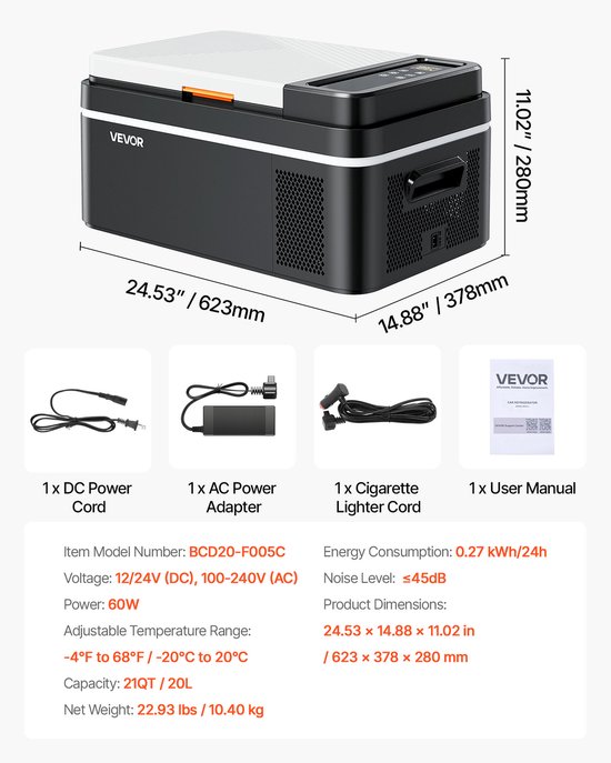 VEVOR Compressor Koelbox 20l, 12/24v Dc Elektrische Vriezer Met App-Bediening, 100-240v Ac Autokoelkast voor Kamperen, Reizen, Vrachtwagens, Vissen, Draagbare Thermo-Elektrische Koelbox van Merkloos — afbeelding 3
