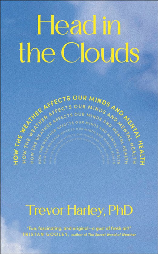 Livre intitulé 'Head in the Clouds' sur fond bleu avec des nuages, avec du texte jaune.
