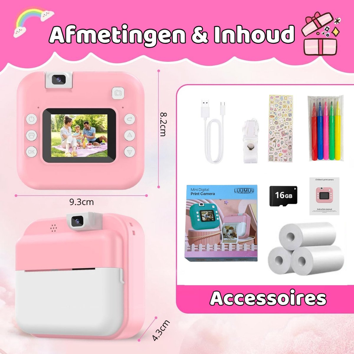 Luumuu® Digitale Kindercamera Met Foto Printer - Fototoestel Voor Kinderen - Kinder Fotocamera Instant Print- Speelgoed Video Camera Kind - Vlogcamera Kids - Sd Kaart 16GB - Roze - Incl. Ebook – foto 8