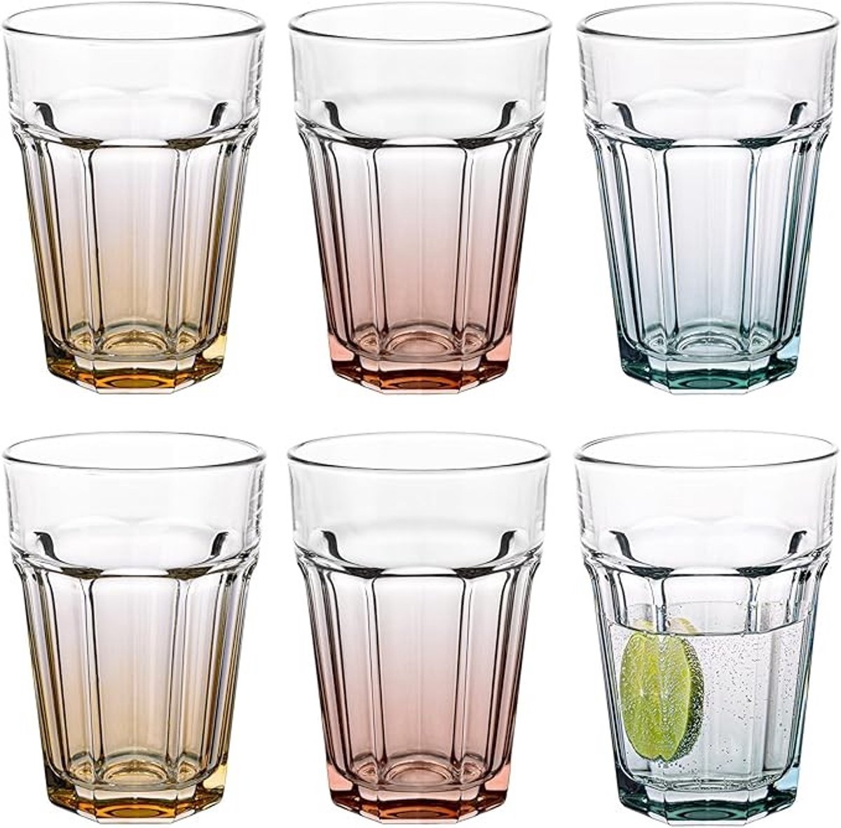 Set van 6 longdrinkglazen met kleurovergang, 425 ml per glas, vaatwasserbestendig