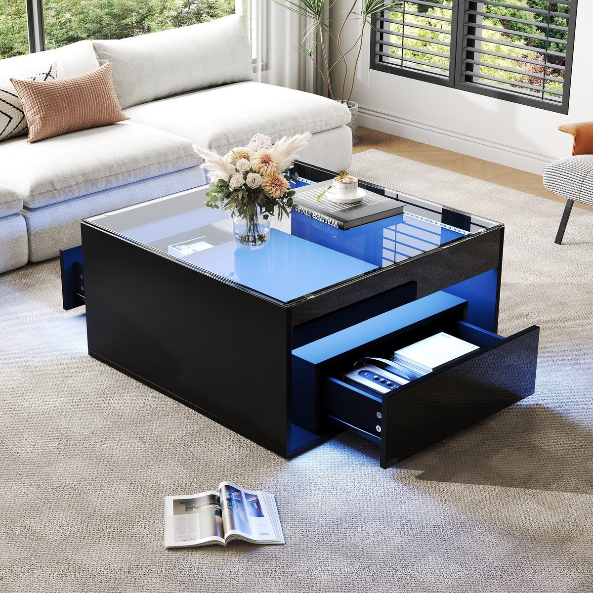 MODENUIT Salontafel - Met LED, 2 Laden En Open Vak - Voor Woonkamer - Zwart MDF En Gehard Glas - 70x70x35 Cm