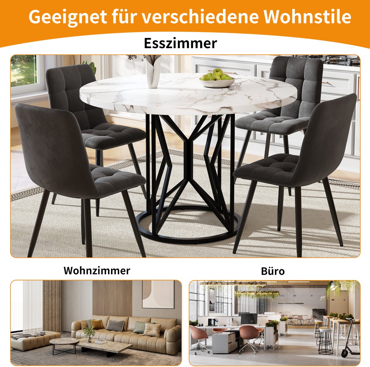 MODENUIT Eettafel - Ronde Tafel Met Marmerlook Blad - Voor Eetkamer En Woonkamer - MDF En Zwart Metaal - 100x100x76 Cm