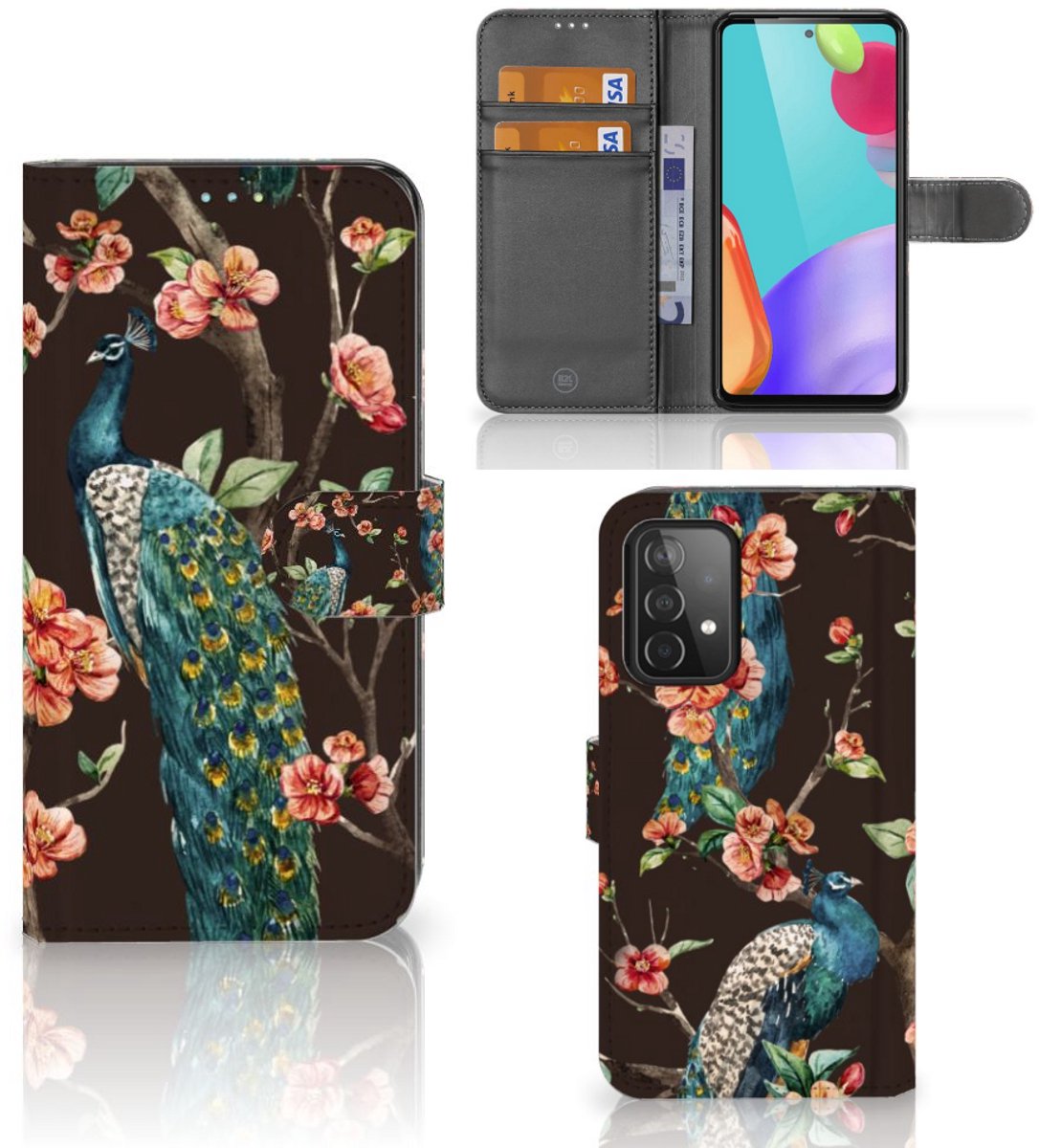 Samsung Galaxy A52 Telefoonhoesje met Pasjes Pauw met Bloemen
