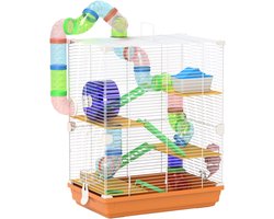 SOLEA Hamsterkooi - Hamster verblijf - 5 Verdiepingen - Tunnel - Looprad - Drinkfles - Voerbak - 46 x 30 x 58 cm - Oranje