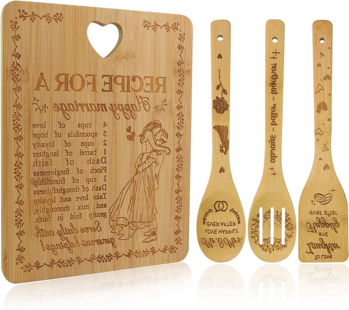 Snijplank bamboe, gravure, keukengereedschapset, huwelijkscadeau, liefdesrecept