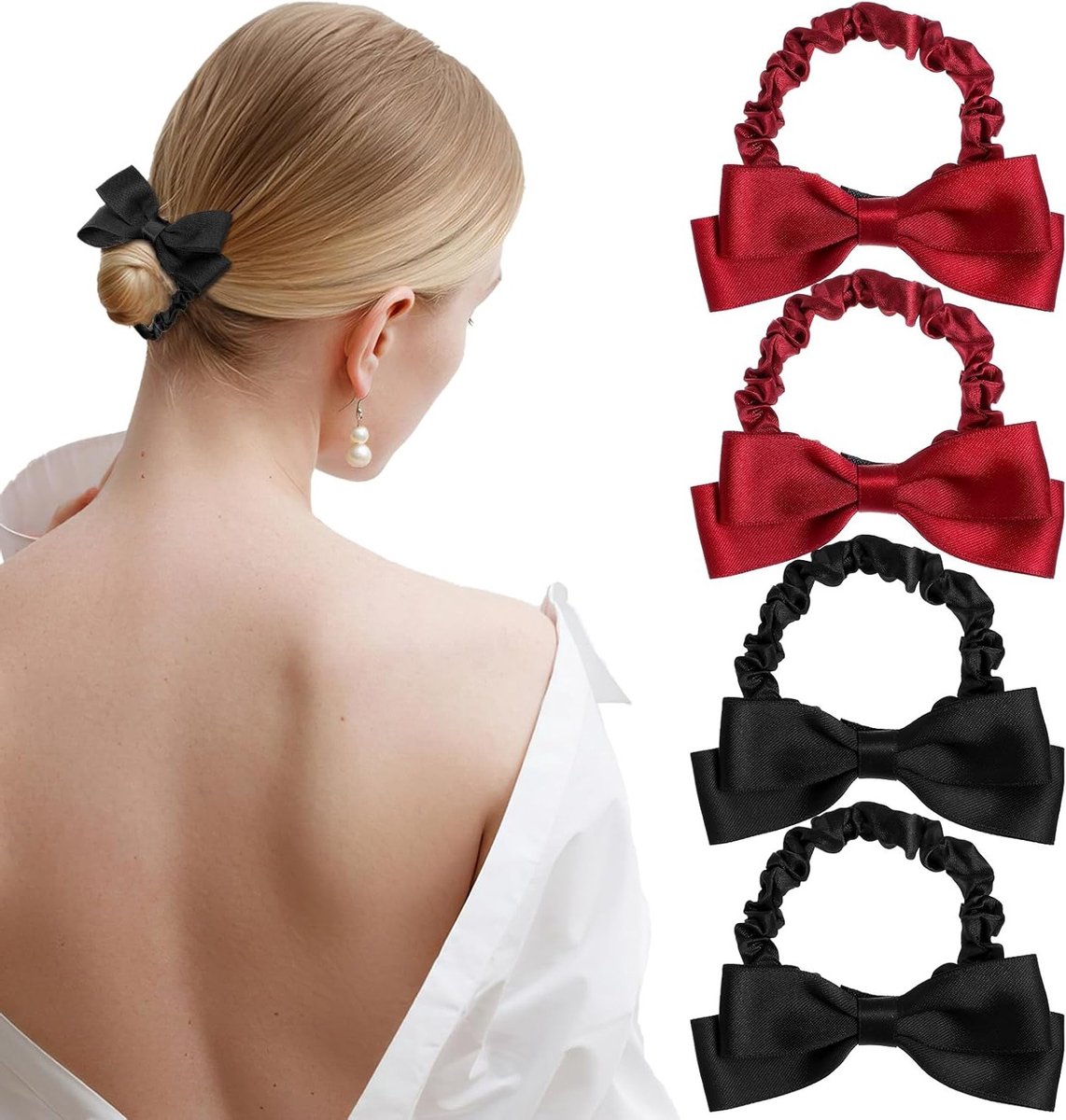 Set van 4 Satijnen Haarbanden met Strik voor Dames - Elastische Ponytail Houders in Zwart en Rood, Perfect voor Diverse Haarstijlen en Gelegenheden