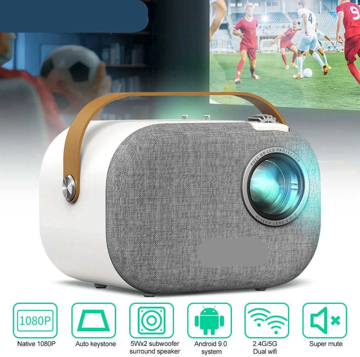 Beamer - Projector - Mini Beamer - 1080P Home Theater Mini Projector - 2.4G/5G WiFi, 200ANSI, Android 9.0 & Google Assistant – EU Plug