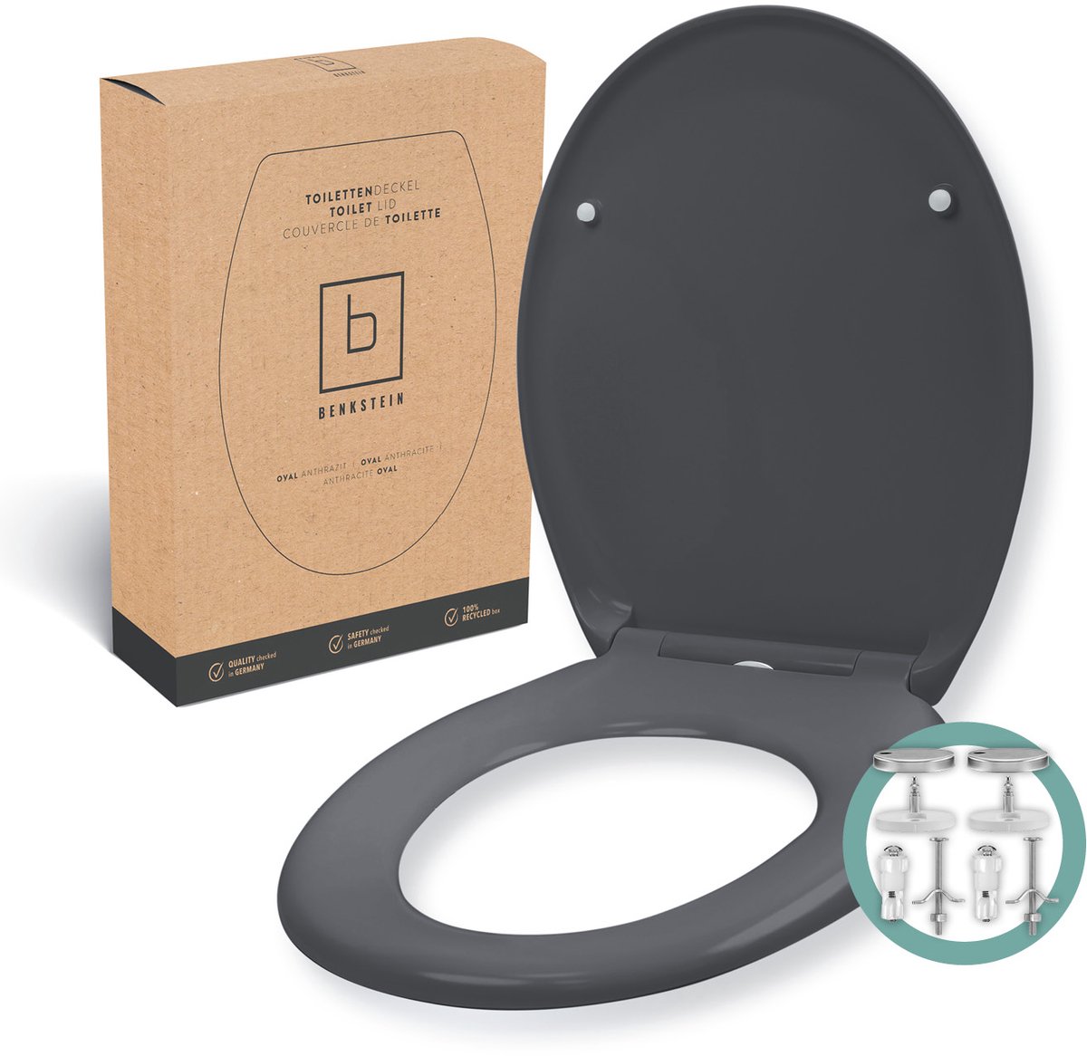 BENKSTEIN Premium toiletbril, antibacterieel, ovaal, donkergrijs – Duroplast toiletbril met quick-release-functie en softclose-systeem – afneembare toiletbril van roestvrij staal