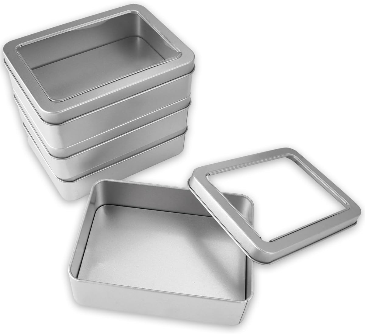 Set van 4 Kleine Metalen Dozen met Transparante Deksel, Roestvrij, Voor Munten, Snoepjes en Sieraden