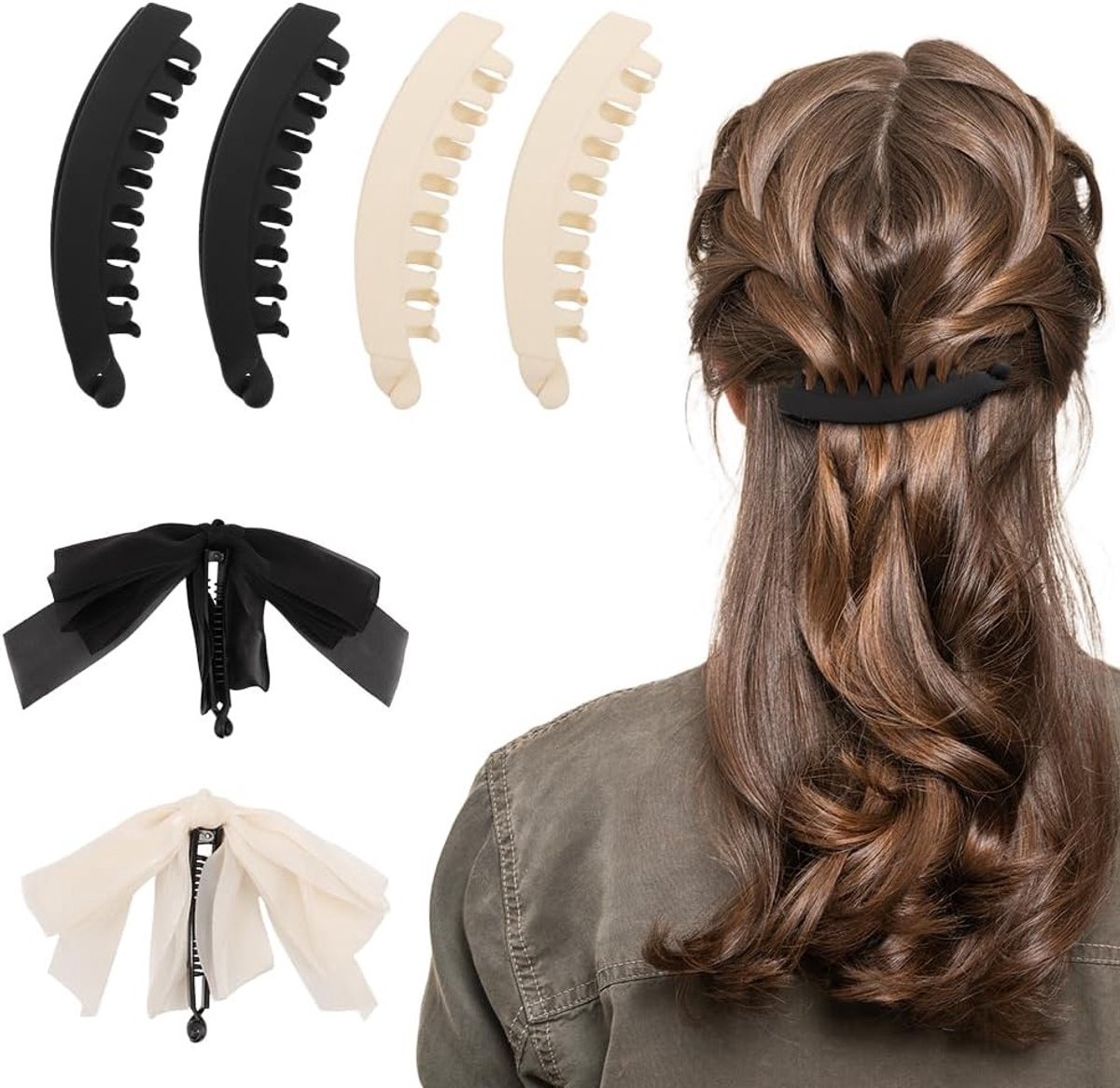 Set van 6 haarclips voor vrouwen, inclusief 2 strikclips en 4 grote banaanclips, ideaal voor een snelle paardenstaart en geschikt voor dik en fijn haar