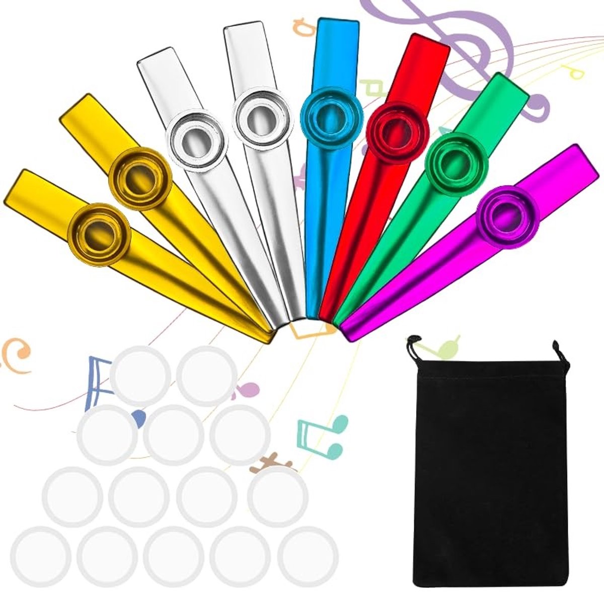 NTH products- Kazoo Set 8 Stuks - Metalen Kazoo's - 16 Verwisselbare Membranen - Muziekinstrumenten voor Kinderen - Cadeaus voor Kinderfeestjes - Geschikt voor Volwassenen - Muziekinstrument