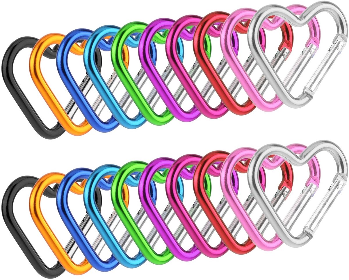 MTTproducts- Karabijnhaak 20 stuks - Hartvormig - Sleutelhanger - Outdoor-clips - Kampeeraccessoires - Veelkleurig - Metaal 4 cm x 4,5 cm