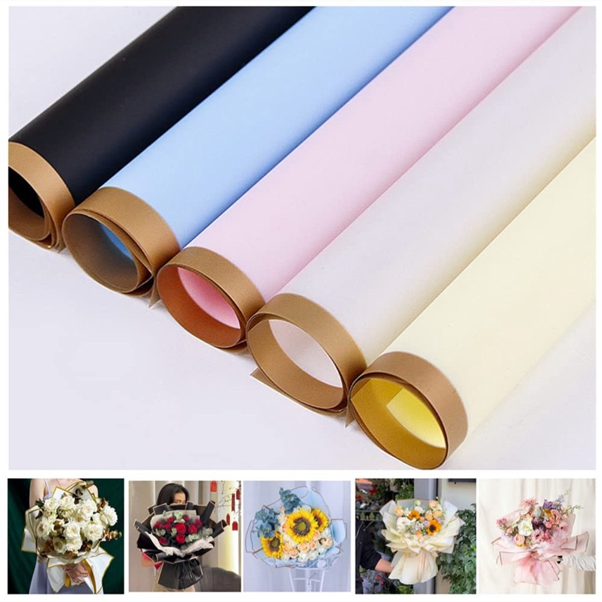 MTTproducts- Inpakpapier Waterdicht - 25 Vellen - 5 Kleuren - Gouden Rand - Bloem Verpakking - DIY Ambachten - 58 x 58 cm - Bloemenpapier