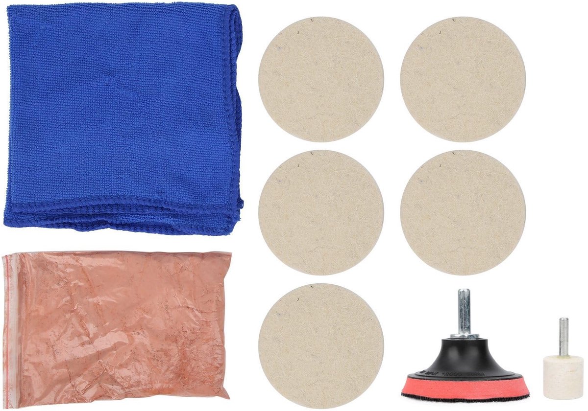 MTTproducts- Glaskrasverwijderaar 100 g - Glaspolijstset - Wolpolijstpad - Polijstschijf - Wolwiel - Handdoek voor autoglas - Glaspolijstmiddel