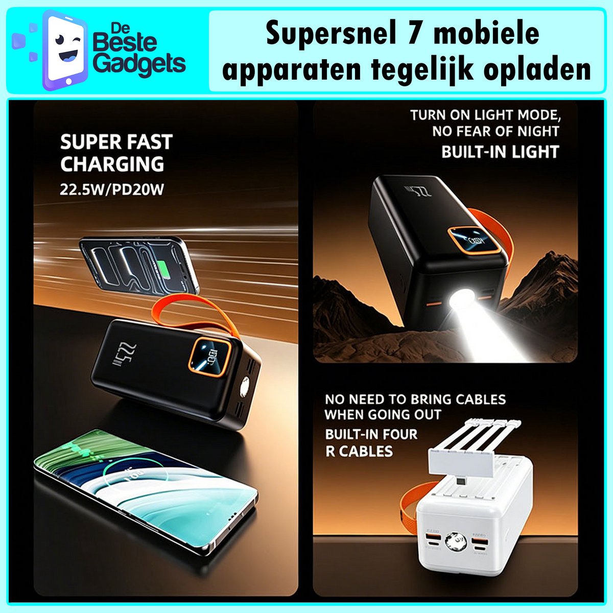 De Beste Gadgets Powerbank 60.000mAh – 30W Snelladen – 4 Ingebouwde Kabels – USB-C, Lightning & Micro-USB – Draagbare Oplader voor iPhone, Samsung, iPad & Meer – foto 7
