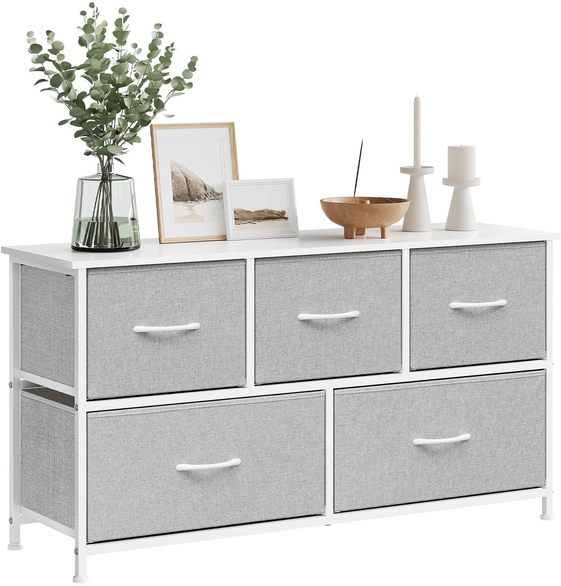 CINK Living® Ladekast met 5 Stoffen Laden – Opbergkast Slaapkamer – Dressoir Hal Kast – Lichtgrijs/Wit – 100 x 30 x 54,5 cm