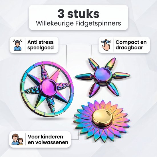 Drie kleurrijke fidget spinners met regenboogkleuren, waaronder een kompas, een ster en een bloem. Compact en draagbaar, anti-stress speelgoed voor kinderen en volwassenen.