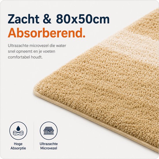 Close-up van een zachte, beige badmat van 80x50cm met de tekst 'Zacht & Absorberend'.
