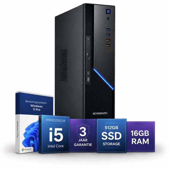 Zwarte ScreenON desktop computer met blauwe accenten, naast dozen met Windows 11 Pro en informatie over Intel Core i5 processor, 3 jaar garantie, 512GB SSD en 16GB RAM.